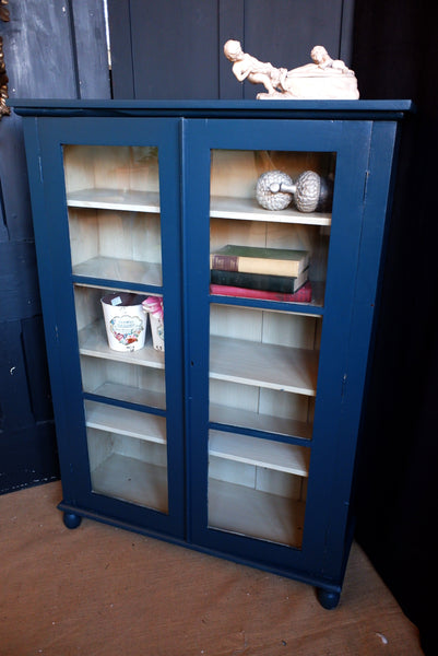 Antique Mahogany BLUE Shabby Chic Display China APOTHECARY Cabinet Cupboard Unit
