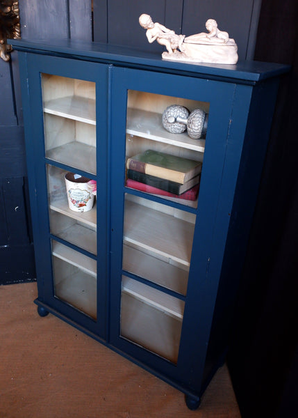 Antique Mahogany BLUE Shabby Chic Display China APOTHECARY Cabinet Cupboard Unit