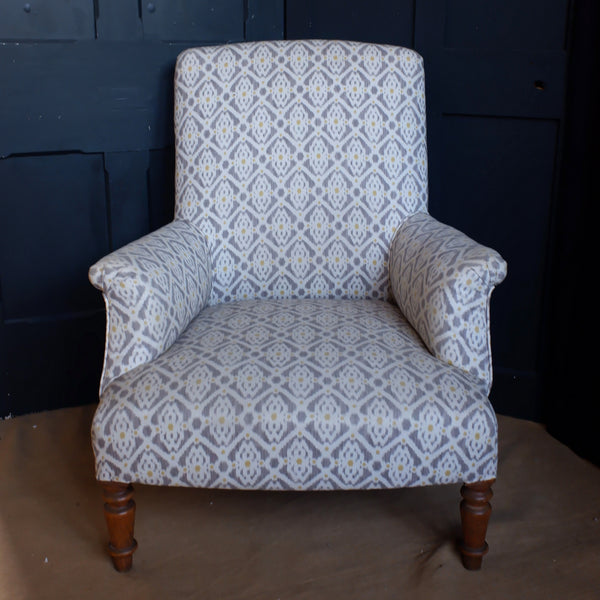 Antique Edwardian Armchair Cream & Grey Ikat Design Fireside Lounge Chair