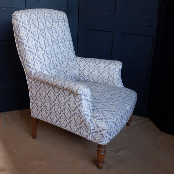 Antique Edwardian Armchair Cream & Grey Ikat Design Fireside Lounge Chair