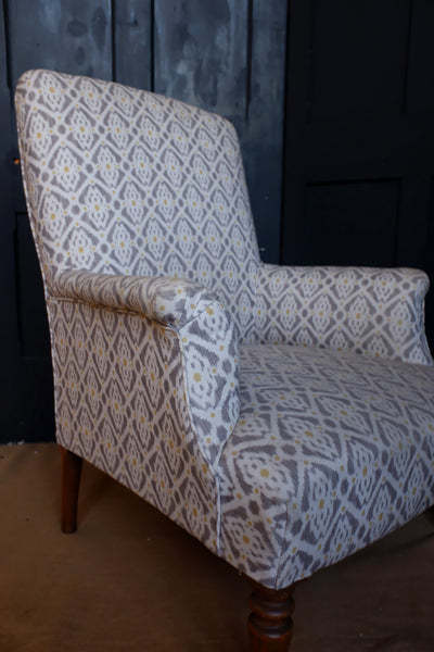 Antique Edwardian Armchair Cream & Grey Ikat Design Fireside Lounge Chair
