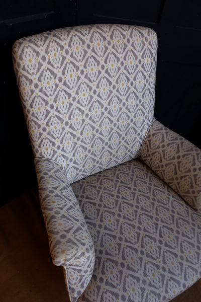 Antique Edwardian Armchair Cream & Grey Ikat Design Fireside Lounge Chair