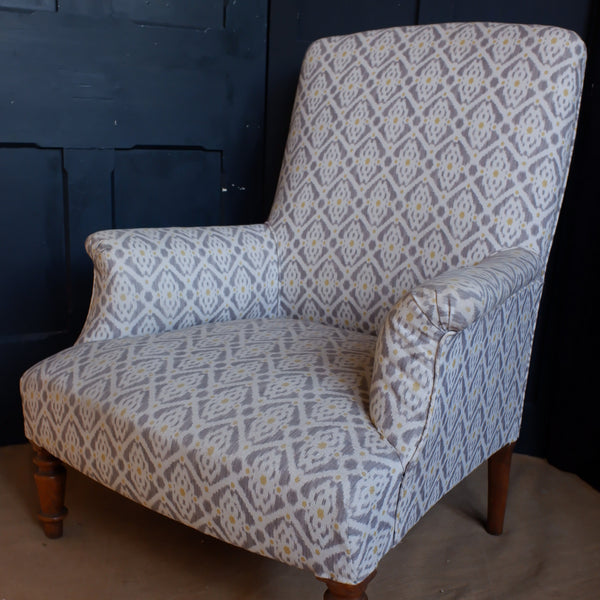 Antique Edwardian Armchair Cream & Grey Ikat Design Fireside Lounge Chair