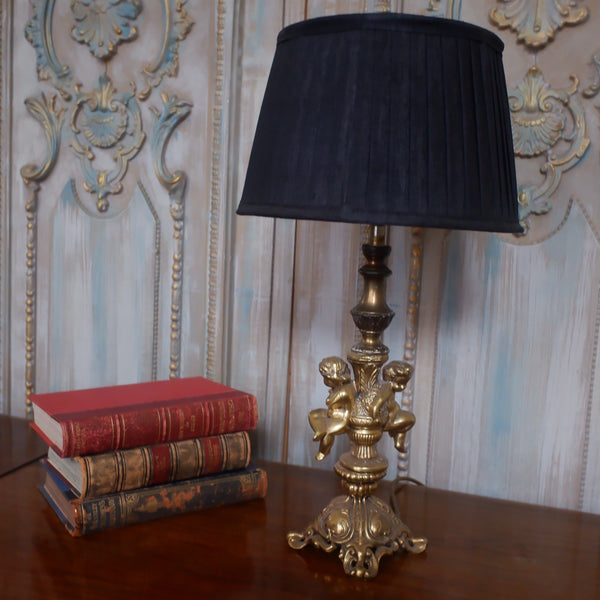 Antique French Small Brass Metal Table Bedside Lamp Gold Cherubs