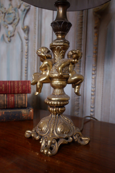 Antique French Small Brass Metal Table Bedside Lamp Gold Cherubs