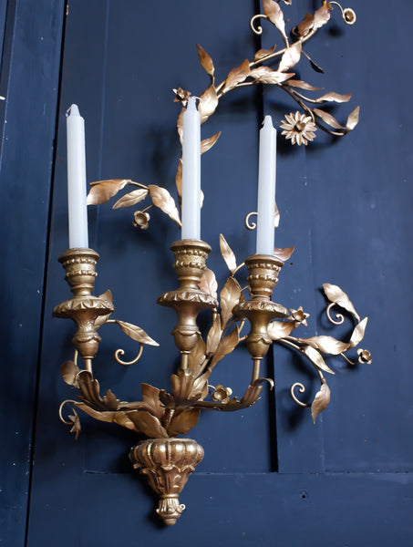 Antique  French CANDELABRA Wall Sconce GO:D Gilt Vine 3 Candle Stick Holder