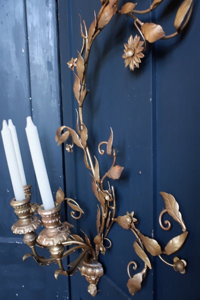 Antique Italian 103cm Toleware CANDELABRA Wall Sconce GO:D Gilt Vine 3 Candle Stick Holder