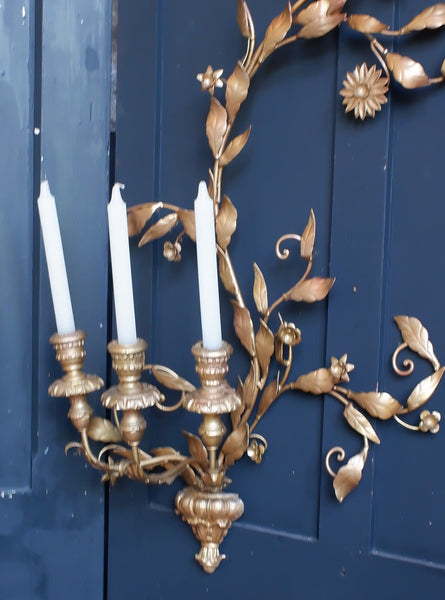 Antique  French CANDELABRA Wall Sconce GO:D Gilt Vine 3 Candle Stick Holder