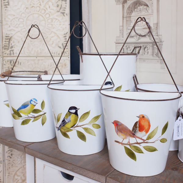 NEW Set of 3 White ENAMEL Bird Trugs Vintage Retro Hanging Metal Planters Pots