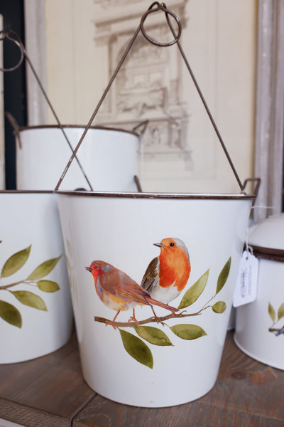 NEW Set of 3 White ENAMEL Bird Trugs Vintage Retro Hanging Metal Planters Pots