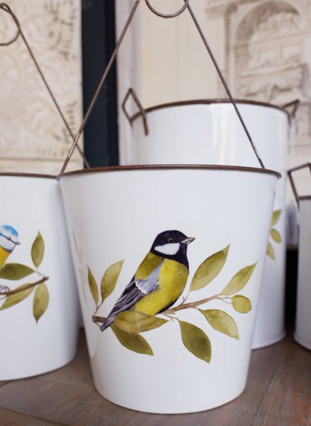 NEW Set of 3 White ENAMEL Bird Trugs Vintage Retro Hanging Metal Planters Pots