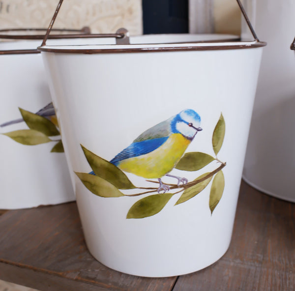 NEW Set of 3 White ENAMEL Bird Trugs Vintage Retro Hanging Metal Planters Pots