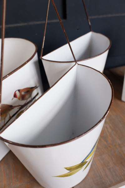 NEW Set of 3 White ENAMEL Bird Trugs Vintage Retro Hanging Metal Planters Pots