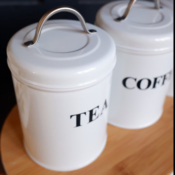 NEW Set of 3 Enamel Tea Coffee Sugar Jars & Bread Bin Vintage Retro Style Metal Pots