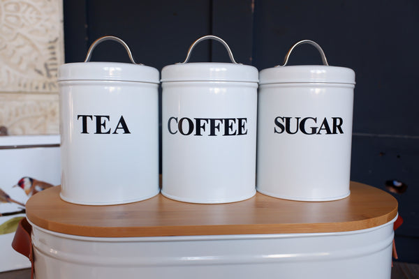 NEW Set of 3 Enamel Tea Coffee Sugar Jars & Bread Bin Vintage Retro Style Metal Pots
