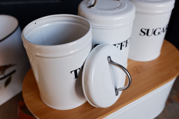 NEW Set of 3 Enamel Tea Coffee Sugar Jars & Bread Bin Vintage Retro Style Metal Pots
