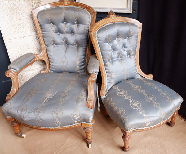 Pair of Antique Victorian WALNUT Inlaid His Armchair & Hers Ladies Nursing Chair