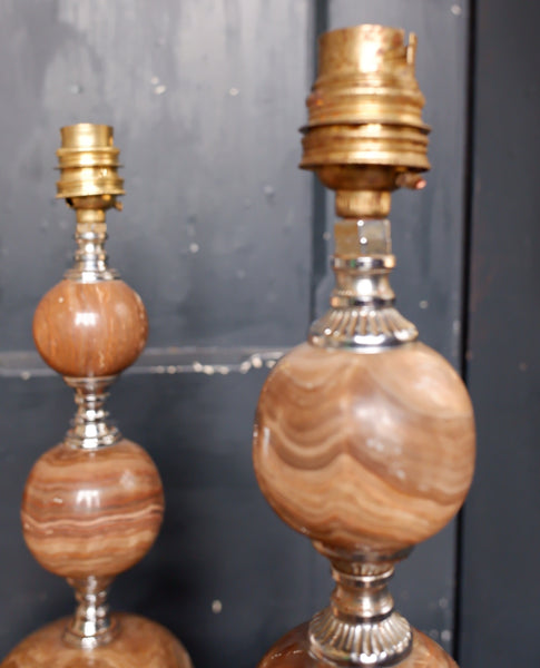 Antique Pair of French Small Table Bedside Lamps Ornate Bulbous Marble & Chrome