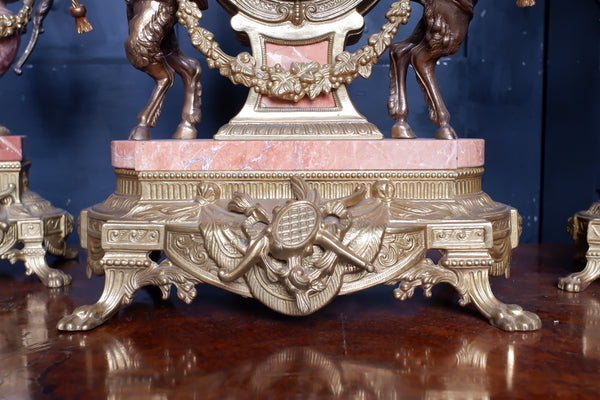 IMPERIAL Vintage Brass Bronze & Marble CHERUB Harp Mantel Clock Pair Candelabras