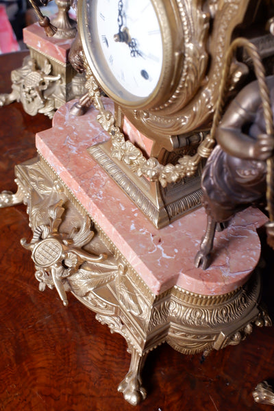 IMPERIAL Vintage Brass Bronze & Marble CHERUB Harp Mantel Clock Pair Candelabras