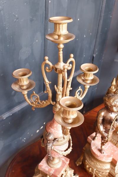 IMPERIAL Vintage Brass Bronze & Marble CHERUB Harp Mantel Clock Pair Candelabras