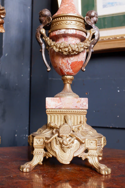 IMPERIAL Vintage Brass Bronze & Marble CHERUB Harp Mantel Clock Pair Candelabras