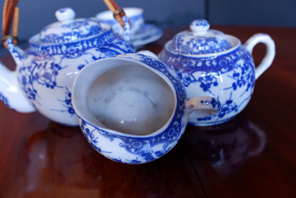 Antique Blue & White 19 Piece Porcelain Cups & Saucers & Tea Set Cherry Blossom