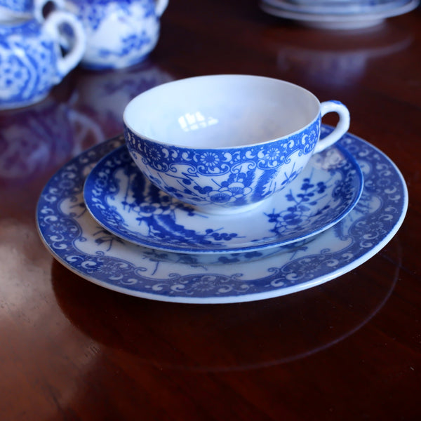 Antique Blue & White 19 Piece Porcelain Cups & Saucers & Tea Set Cherry Blossom