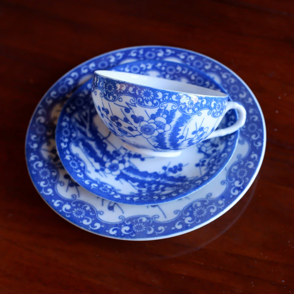 Antique Blue & White 19 Piece Porcelain Cups & Saucers & Tea Set Cherry Blossom
