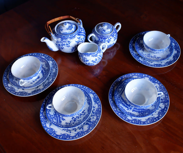Antique Blue & White 19 Piece Porcelain Cups & Saucers & Tea Set Cherry Blossom