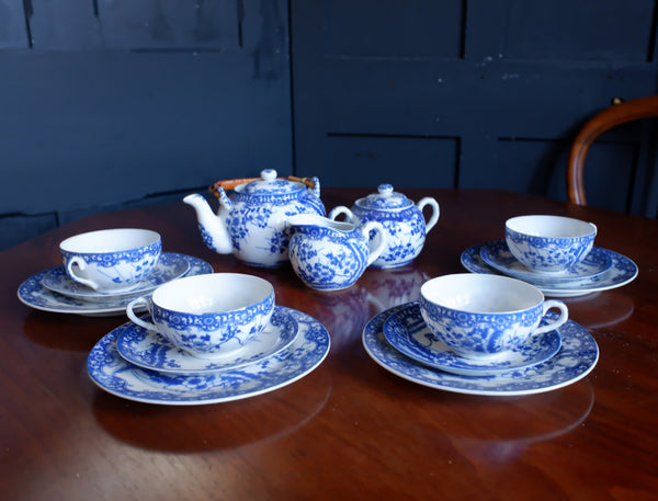 Antique Blue & White 19 Piece Porcelain Cups & Saucers & Tea Set Cherry Blossom