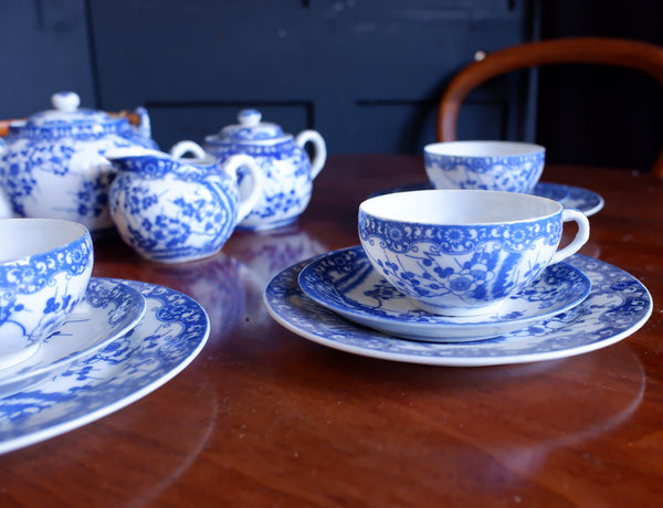 Antique Blue & White 19 Piece Porcelain Cups & Saucers & Tea Set Cherry Blossom
