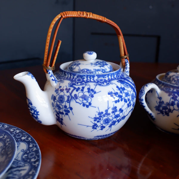Antique Blue & White 19 Piece Porcelain Cups & Saucers & Tea Set Cherry Blossom