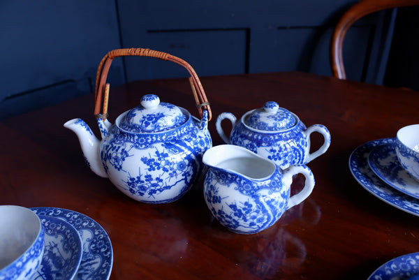 Antique Blue & White 19 Piece Porcelain Cups & Saucers & Tea Set Cherry Blossom