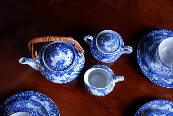 Antique Blue & White 19 Piece Porcelain Cups & Saucers & Tea Set Cherry Blossom