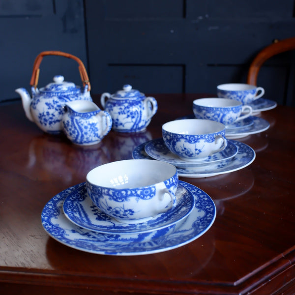 Antique Blue & White 19 Piece Porcelain Cups & Saucers & Tea Set Cherry Blossom