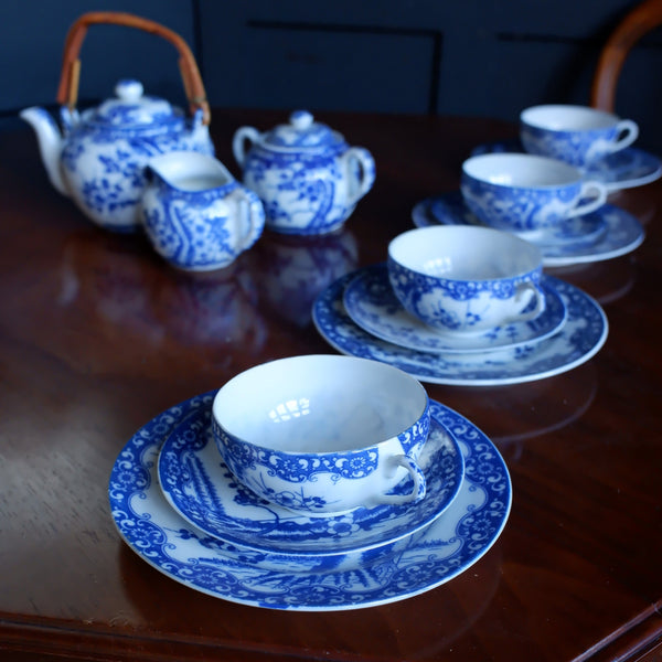 Antique Blue & White 19 Piece Porcelain Cups & Saucers & Tea Set Cherry Blossom