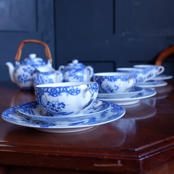 Antique Blue & White 19 Piece Porcelain Cups & Saucers & Tea Set Cherry Blossom