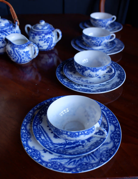 Antique Blue & White 19 Piece Porcelain Cups & Saucers & Tea Set Cherry Blossom