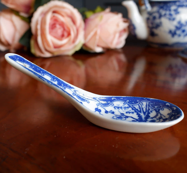 Antique Bone China Blue & White Porcelain Serving SPOON In Cherry Blossom Japanese