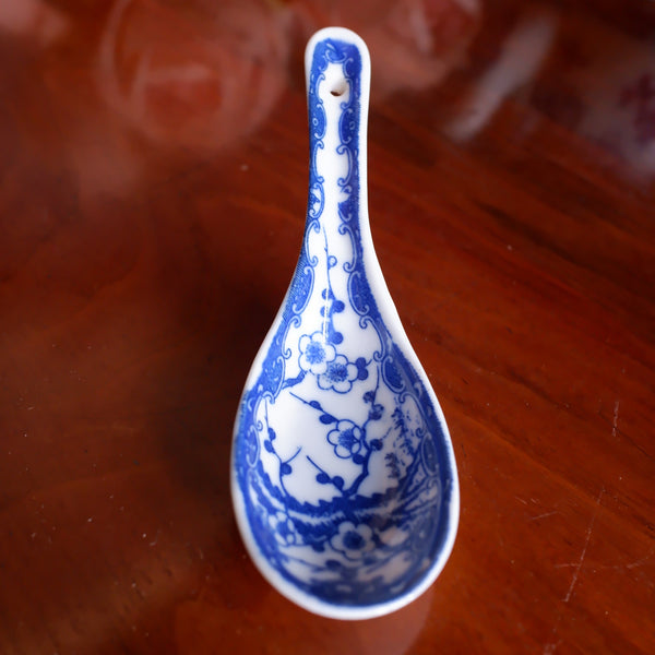 Antique Bone China Blue & White Porcelain Serving SPOON In Cherry Blossom Japanese