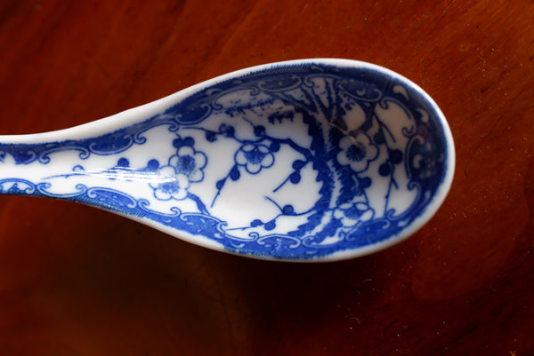 Antique Bone China Blue & White Porcelain Serving SPOON In Cherry Blossom Japanese