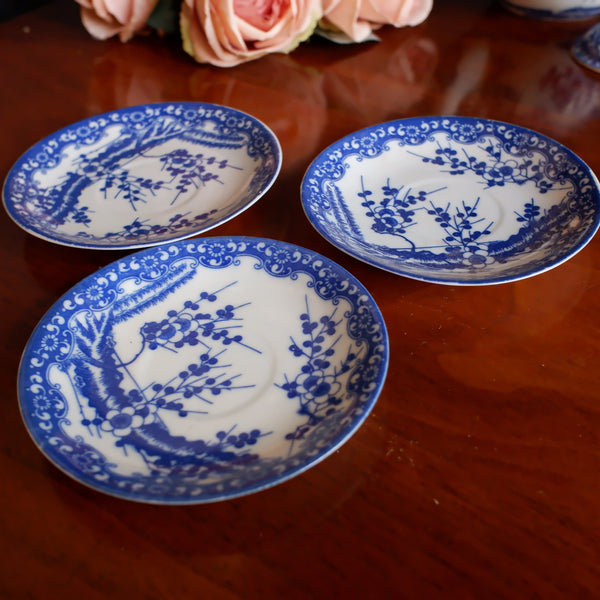 Antique Set of 3 China Blue & White Porcelain Saucers Plates In Cherry Blossom