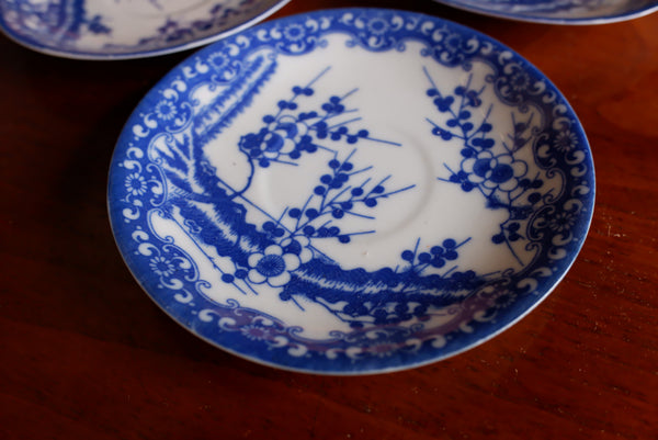 Antique Set of 3 China Blue & White Porcelain Saucers Plates In Cherry Blossom