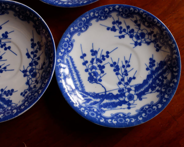 Antique Set of 3 China Blue & White Porcelain Saucers Plates In Cherry Blossom