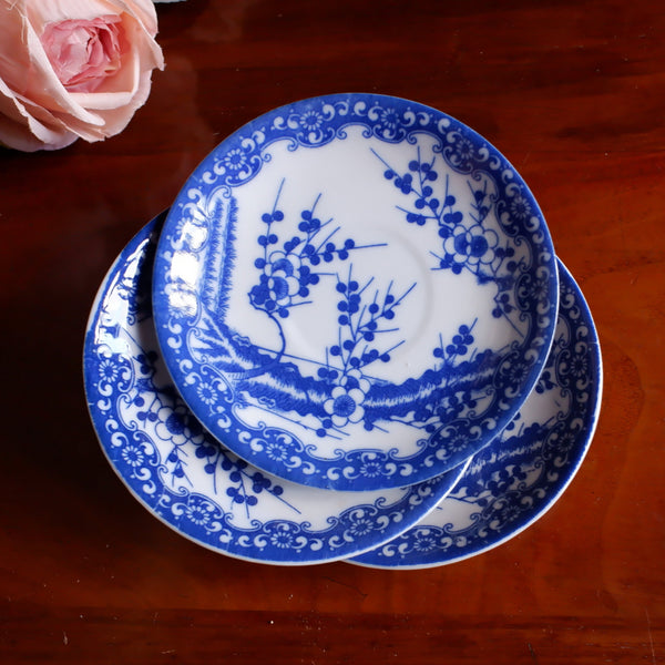 Antique Set of 3 China Blue & White Porcelain Saucers Plates In Cherry Blossom