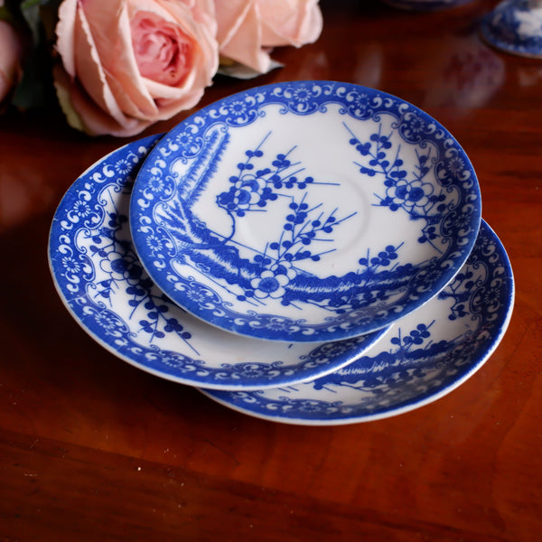 Antique Set of 3 China Blue & White Porcelain Saucers Plates In Cherry Blossom
