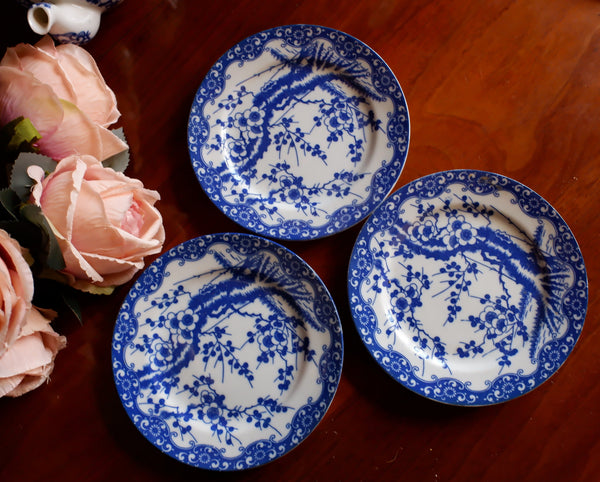 Antique Set of 3 China Blue & White Porcelain SIDE PLATES In Cherry Blossom Japanese