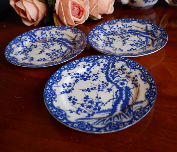 Antique Set of 3 China Blue & White Porcelain SIDE PLATES In Cherry Blossom Japanese