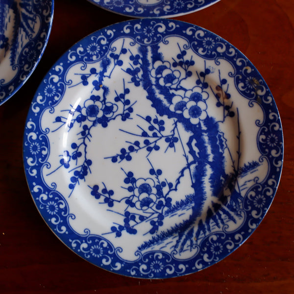 Antique Set of 3 China Blue & White Porcelain SIDE PLATES In Cherry Blossom Japanese